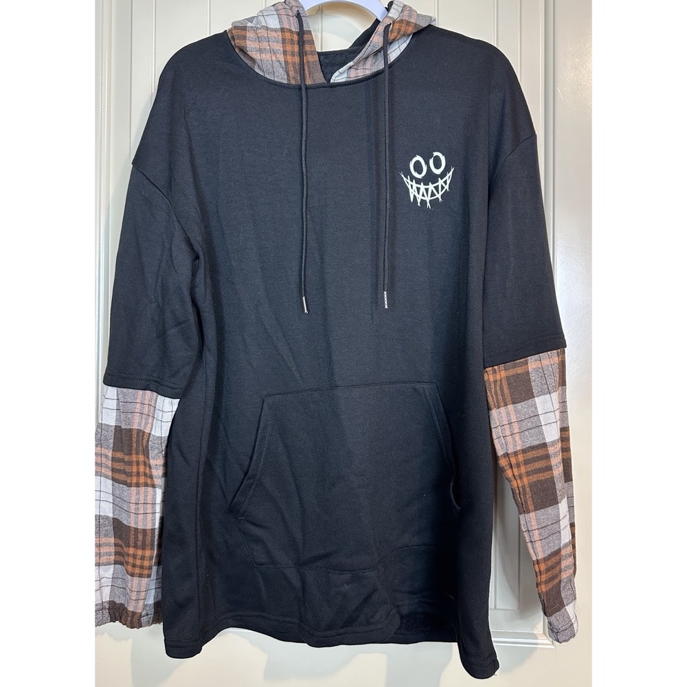 SHEIN Cartoon Smile Hoodie Pullover Faux Flannel Hooded Sweatshirt Sz M GUC